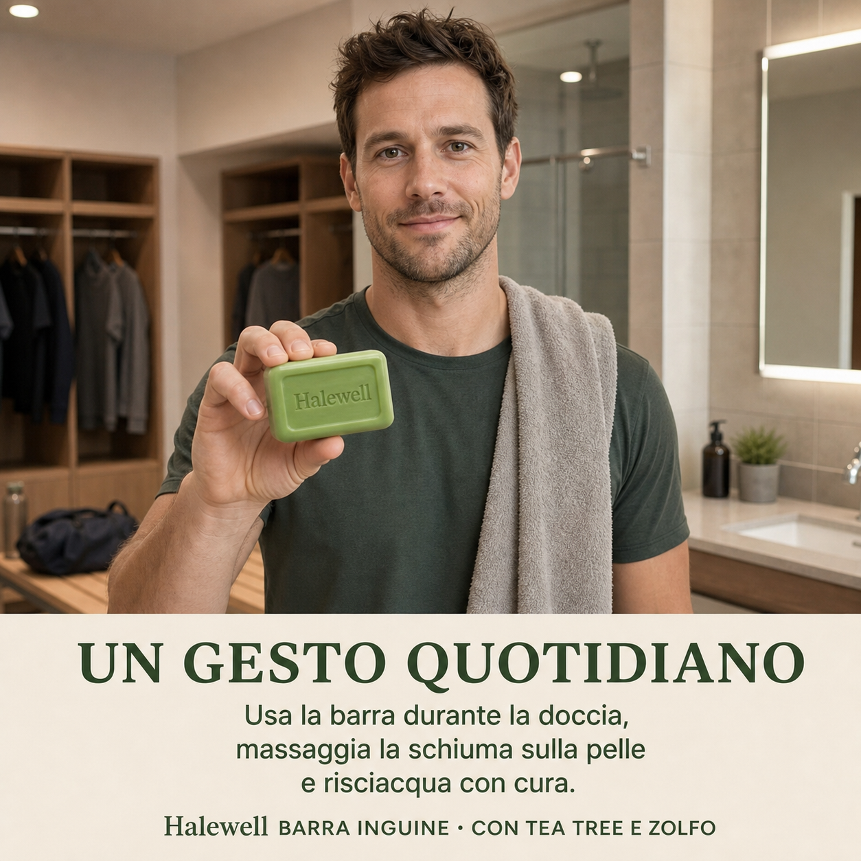 Uomo con Halewell Barra Inguine nello spogliatoio